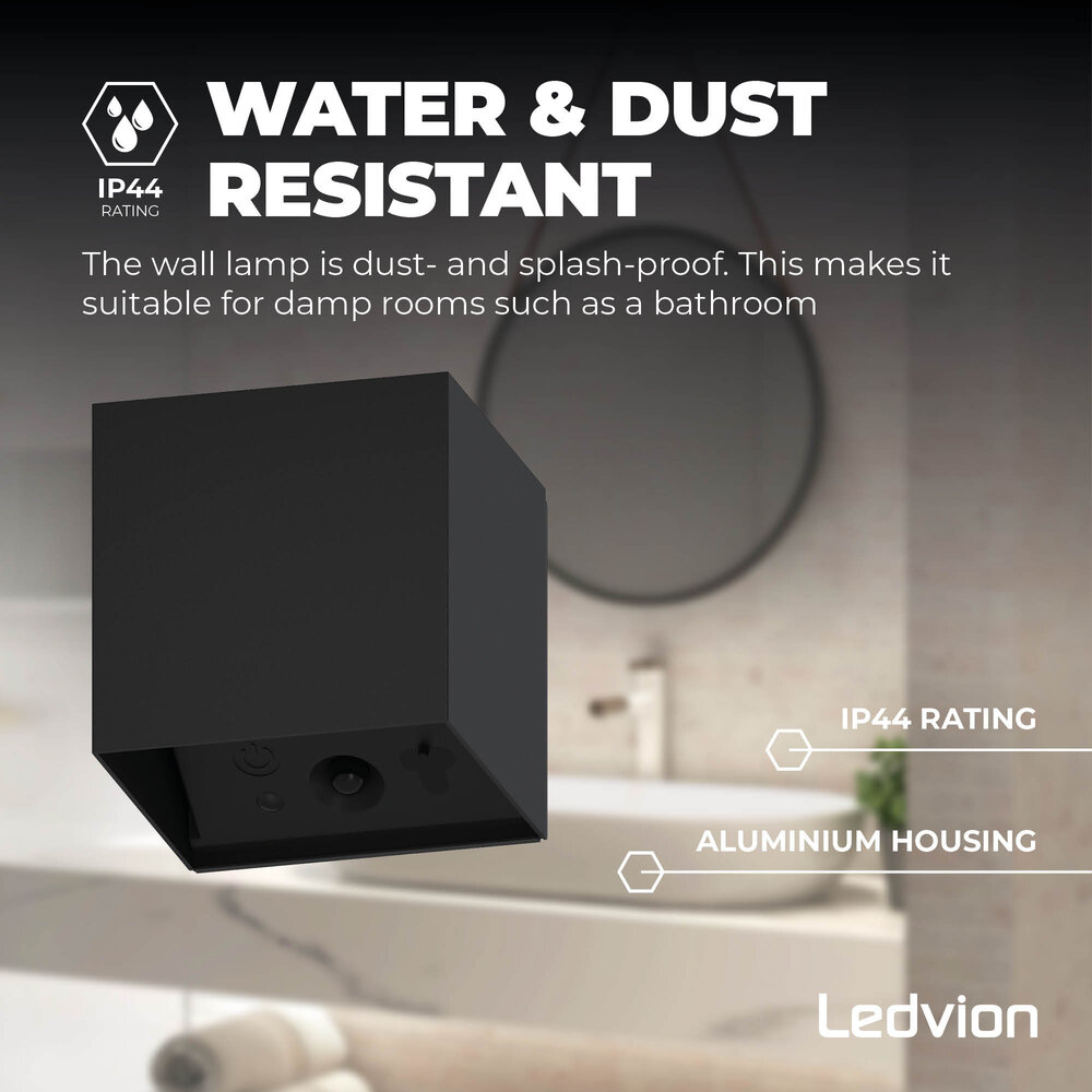 Ledvion 2x USB-C Oplaadbare Wandlamp - 2W - 150 Lumen - 2700K - IP44 - Draadloos - 1300 mAh Accu - Aluminium - Zwart