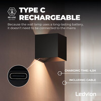 Ledvion 4x USB-C Oplaadbare Wandlamp - 2W - 150 Lumen - 2700K - IP44 - Draadloos - 1300 mAh Accu - Aluminium - Zwart