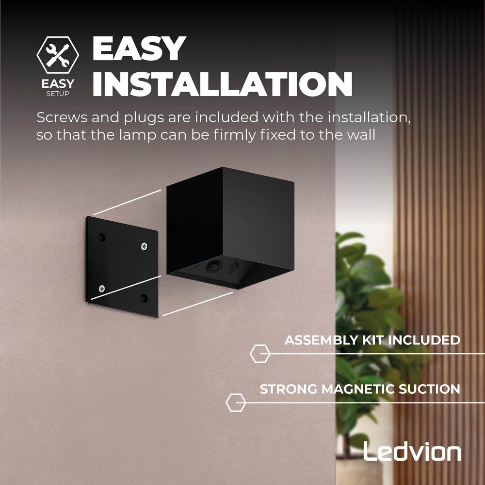 Ledvion 4x USB-C Oplaadbare Wandlamp - 2W - 150 Lumen - 2700K - IP44 - Draadloos - 1300 mAh Accu - Aluminium - Zwart