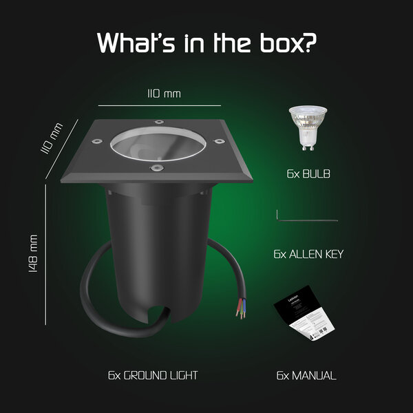 Ledvion 6x LED Grondspot Vierkant - IP67 - 3W - 2700K - 1M Kabel - Zwart - Kantelbaar