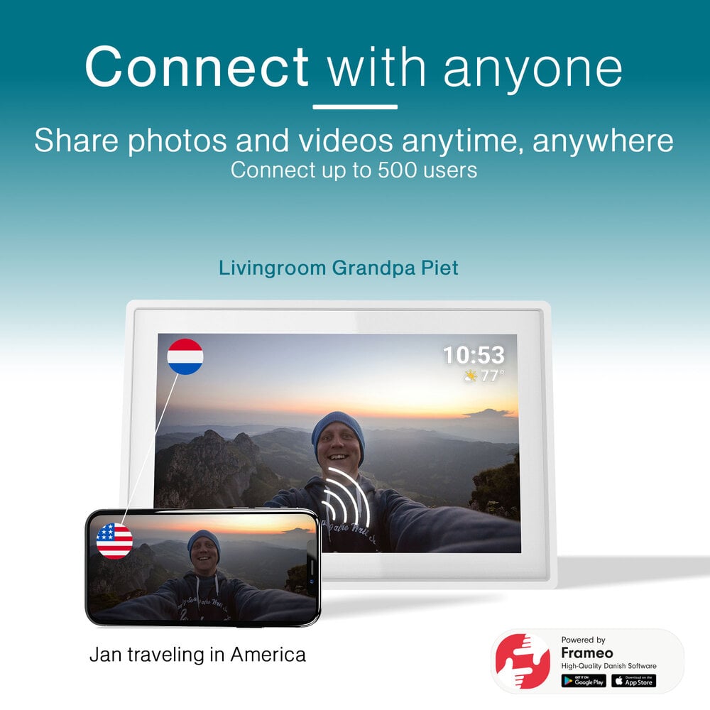 Tiqvi Digitale fotolijst - WiFi en Frameo App - Fotokader 10 inch - Touchscreen - Wit