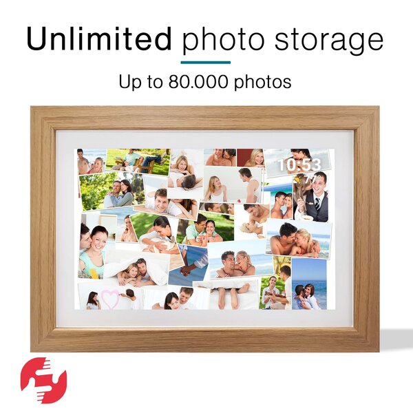 Tiqvi Digitale fotolijst - WiFi en Frameo App - Fotokader 10 inch - Touchscreen - Hout
