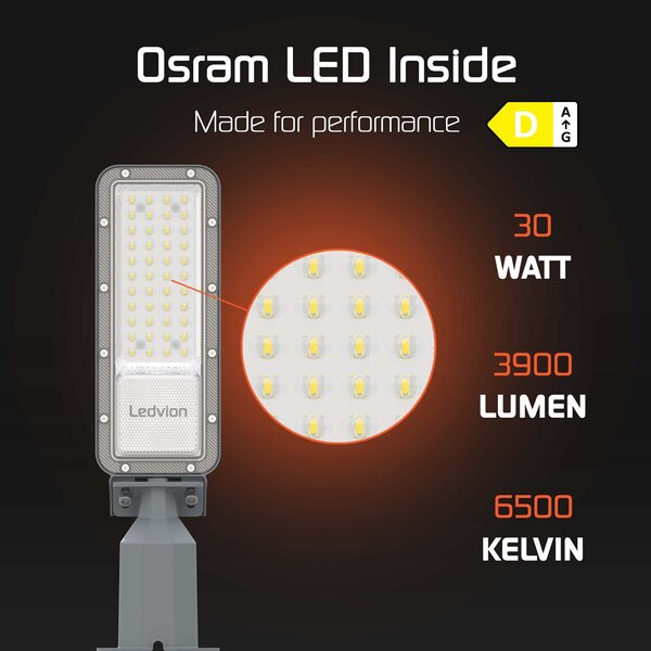 Ledvion LED Straatlamp - 30W - IP65 - 130lm/W - 6500K - Osram LED Chips