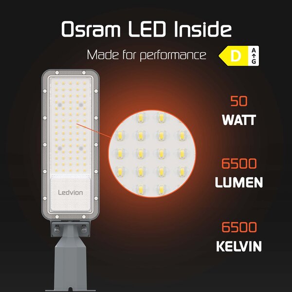 Ledvion LED Straatlamp - 50W - IP65 - 130lm/W - 6500K - Osram LED Chips