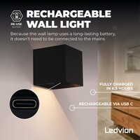 Ledvion 2x USB Oplaadbare Wandlamp Zwart - Draadloos - 4000 mAh Accu - Geschikt voor Binnen & Buiten