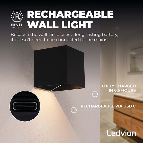 Ledvion 2x USB Oplaadbare Wandlamp Zwart - Draadloos - 4000 mAh Accu - Geschikt voor Binnen & Buiten