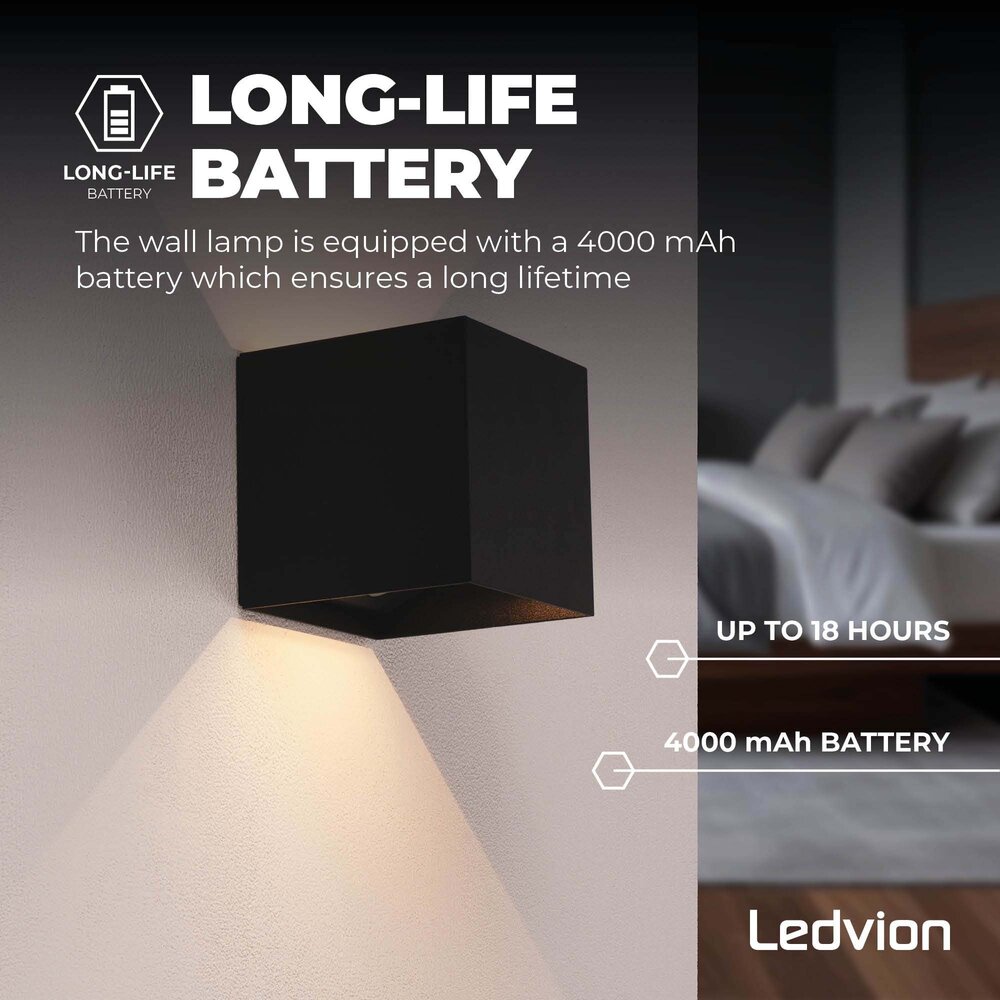 Ledvion 2x USB Oplaadbare Wandlamp Zwart - Draadloos - 4000 mAh Accu - Geschikt voor Binnen & Buiten
