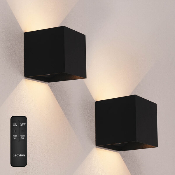 Ledvion 2x USB-C Oplaadbare Wandlamp - 2W - 150 Lumen - 2700K - IP44 - Draadloos - 1300 mAh Accu - Aluminium - Zwart
