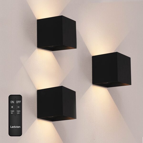 Ledvion 3x USB-C Oplaadbare Wandlamp - 2W - 150 Lumen - 2700K - IP44 - Draadloos - 1300 mAh Accu - Aluminium - Zwart
