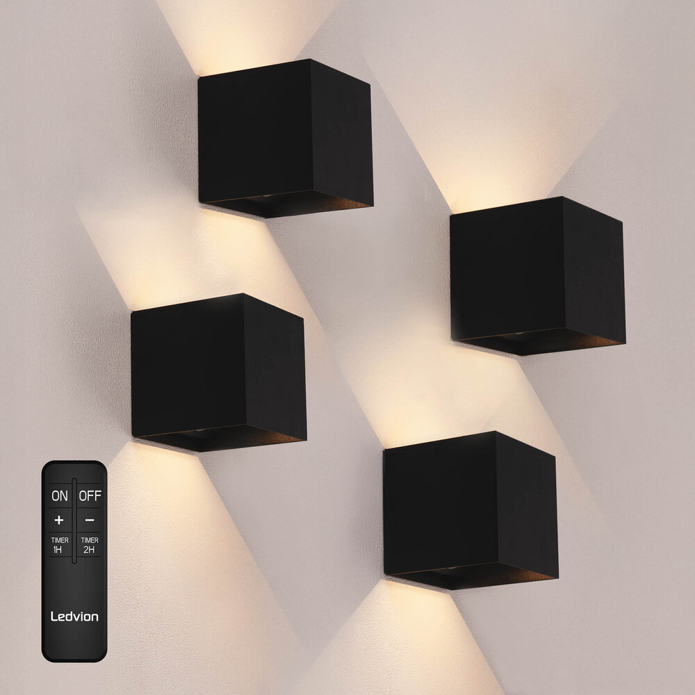 Ledvion 4x USB-C Oplaadbare Wandlamp - 2W - 150 Lumen - 2700K - IP44 - Draadloos - 1300 mAh Accu - Aluminium - Zwart