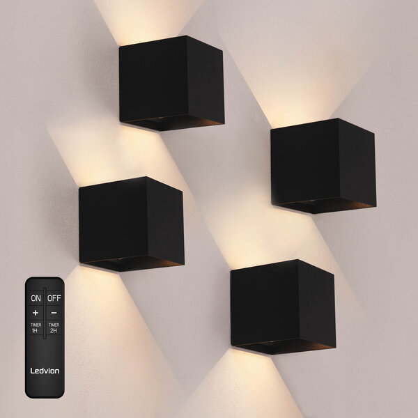 Ledvion 4x USB-C Oplaadbare Wandlamp - 2W - 150 Lumen - 2700K - IP44 - Draadloos - 1300 mAh Accu - Aluminium - Zwart