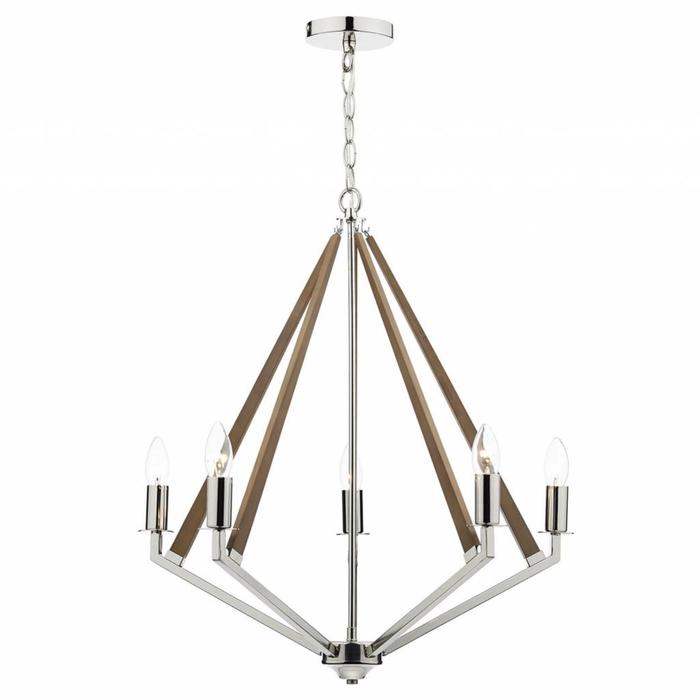 Hotel - 5 Light Modern Chandelier - Dual Mount - Polished Nickel/Wood