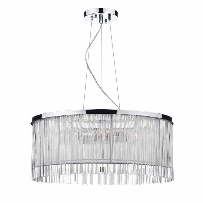 Reed - 50cm Glass Rod Feature Drum Pendant - Polished Chrome, White Silk String & Glass