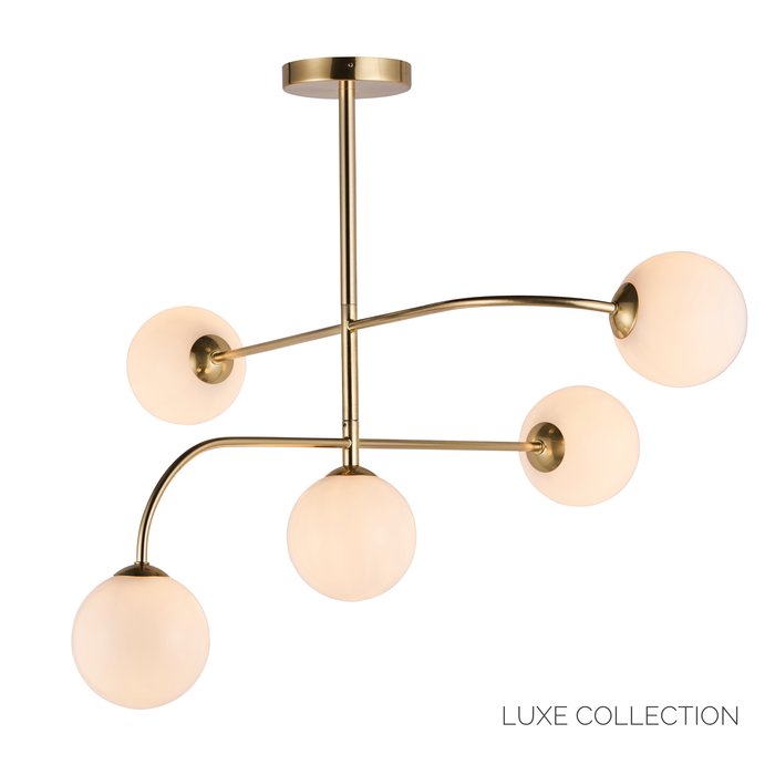 Dot - Mid Century Opal Globe & Brass 5 Light Semi-Flush Fitting