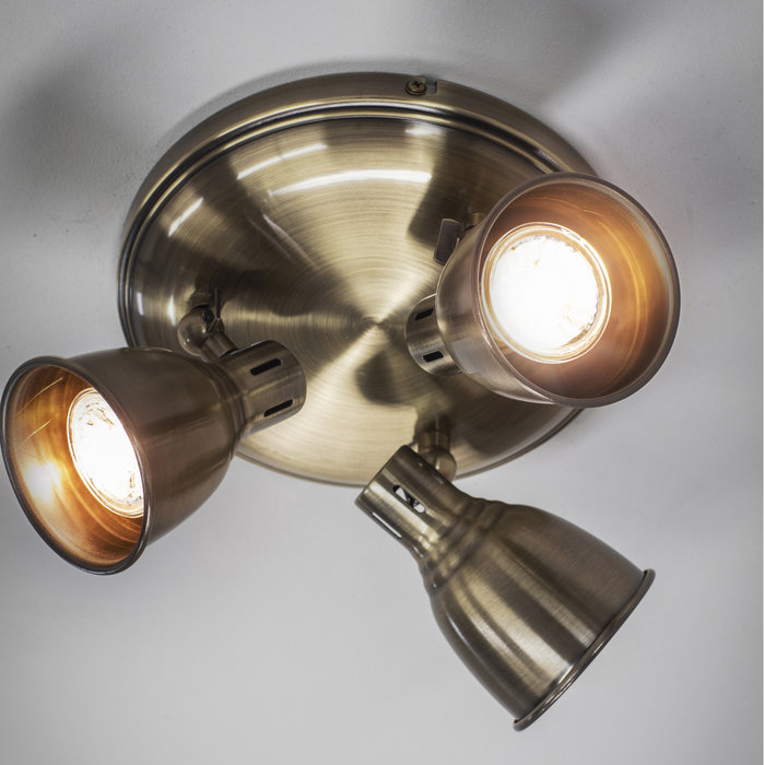 Country - Industrial LED Spotlight - 3 Light Round - Antique Brass