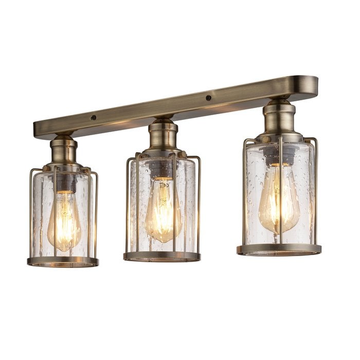 Industrial Pipe - 3 Light Flush Ceiling Light - Antique Brass & Seeded Glass