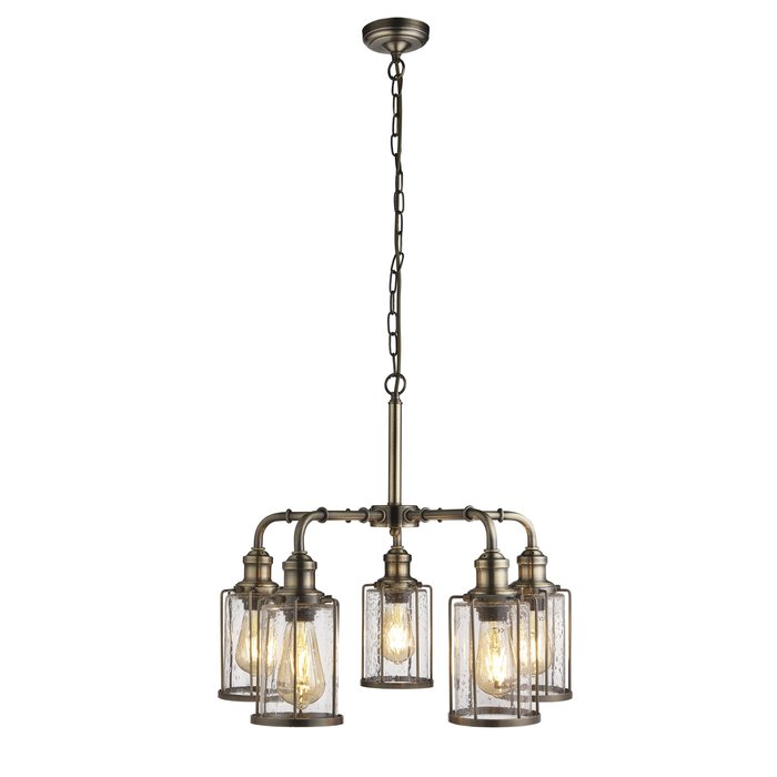 Industrial Pipe - 5 Light Feature Ceiling Light - Antique Brass & Seeded Glass