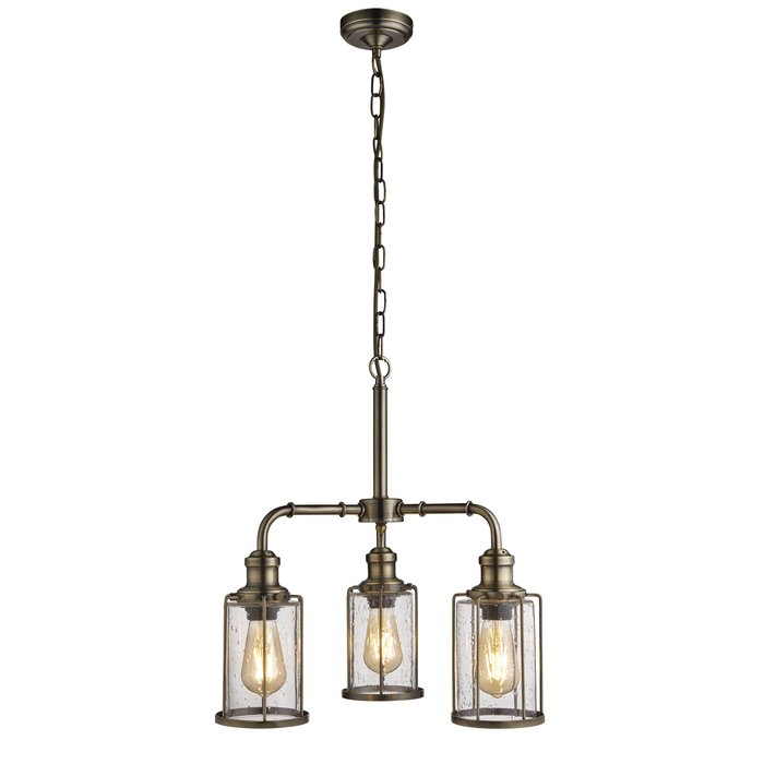 Industrial Pipe - 3 Light Feature Ceiling Light - Antique Brass & Seeded Glass