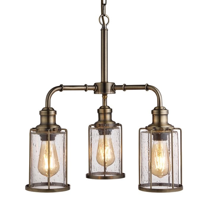 Industrial Pipe - 3 Light Feature Ceiling Light - Antique Brass & Seeded Glass