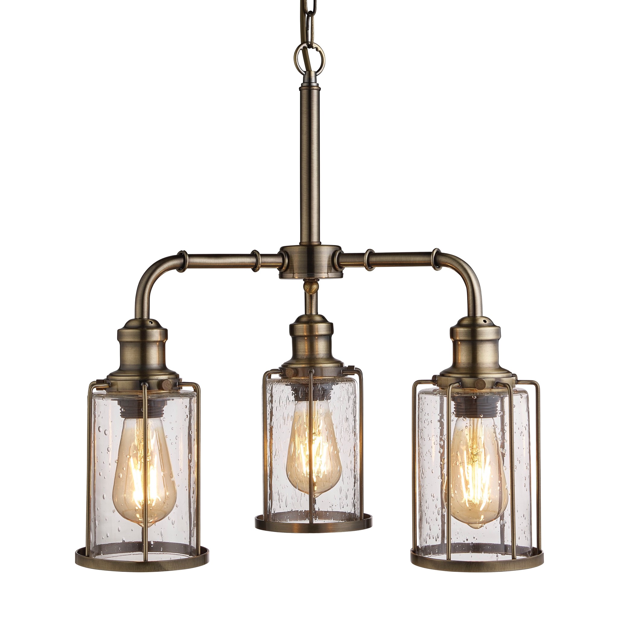 Industrial Pipe 3 Light Feature Ceiling Light Antique Brass Seeded Glass