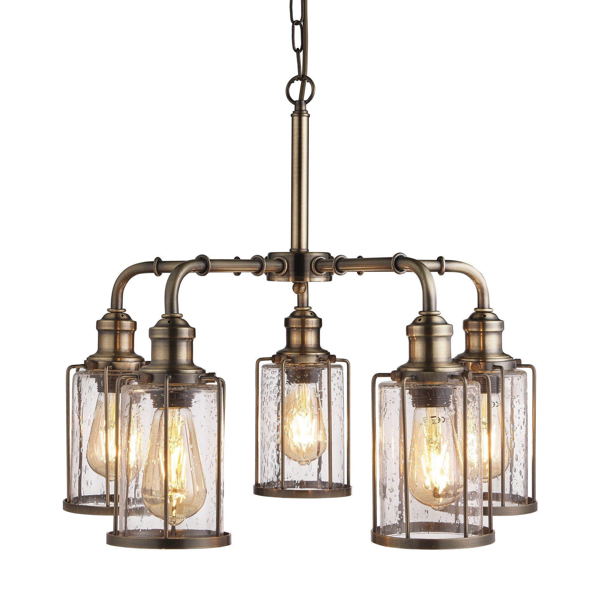 Industrial Pipe 5 Light Feature Ceiling Light Antique Brass Seeded Glass