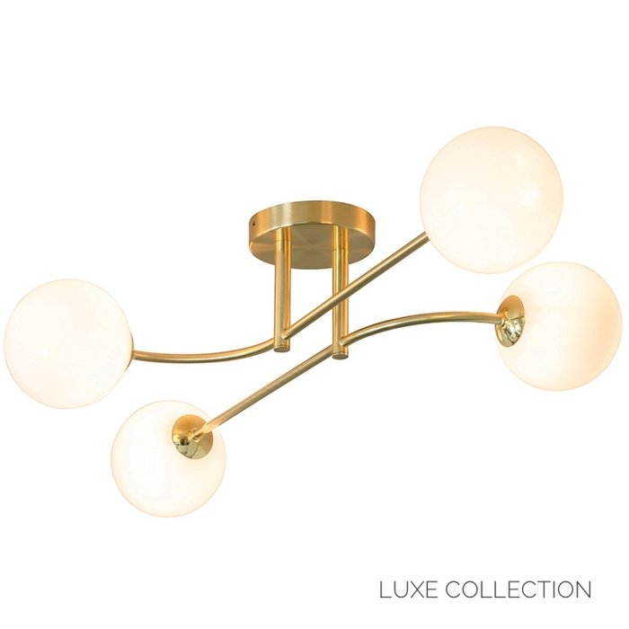 Flush Dot - Mid Century Opal Globe & Brass 4 Light Semi-Flush Fitting