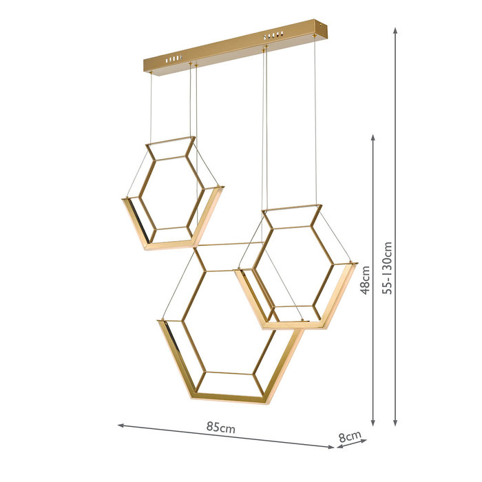 Hexagon - Ultra Modern 3 Light Cluster Pendant - Gold - LED