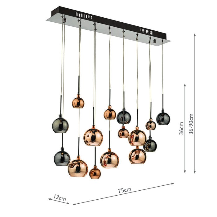 Copper 15 Light  Bar Pendant - Copper, Dark Copper & Smoked Glass