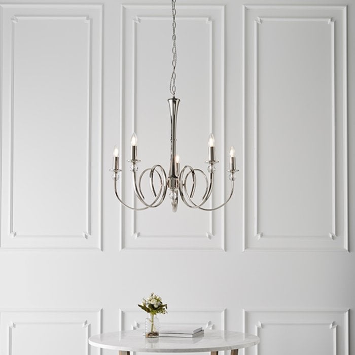 Fabio - Classic 5 Arm Chandelier - Polished Nickel  & Crystal