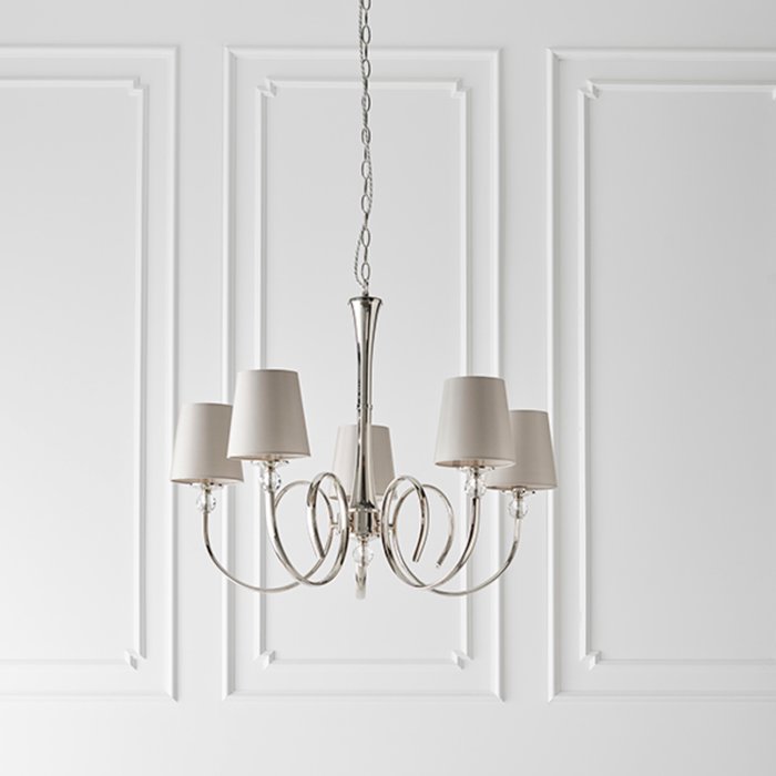 Fabio - Classic 5 Arm Chandelier with Marble Silk Shades - Polished Nickel  & Crystal