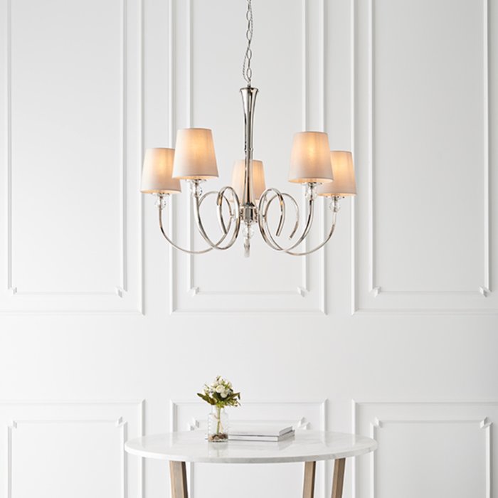 Fabio - Classic 5 Arm Chandelier with Marble Silk Shades - Polished Nickel  & Crystal