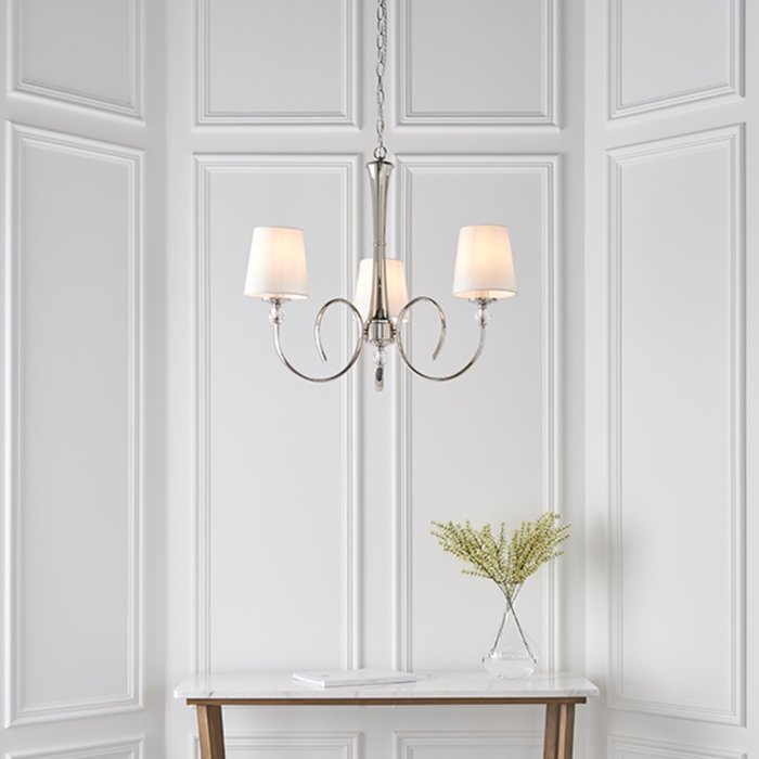 Fabio - Classic 3 Arm Chandelier with Vintage White Silk Shades - Polished Nickel  & Crystal