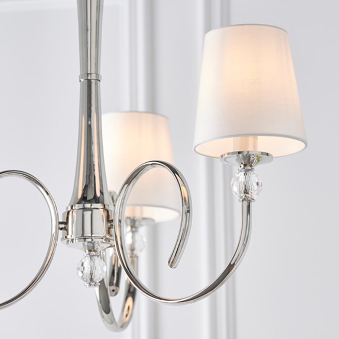 Fabio - Classic 3 Arm Chandelier with Vintage White Silk Shades - Polished Nickel  & Crystal