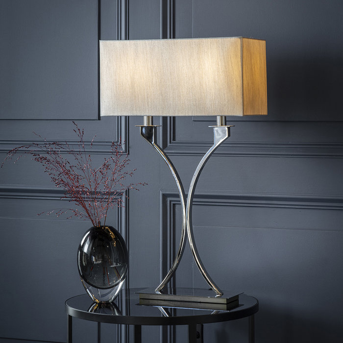 Salzburg - Modern Bedside Table Light - Biege Organza & Polished Nickel