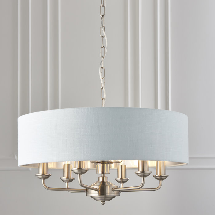 Townhouse - 6 Light Drum Chandelier - Duck Egg Linen & Brushed Chrome