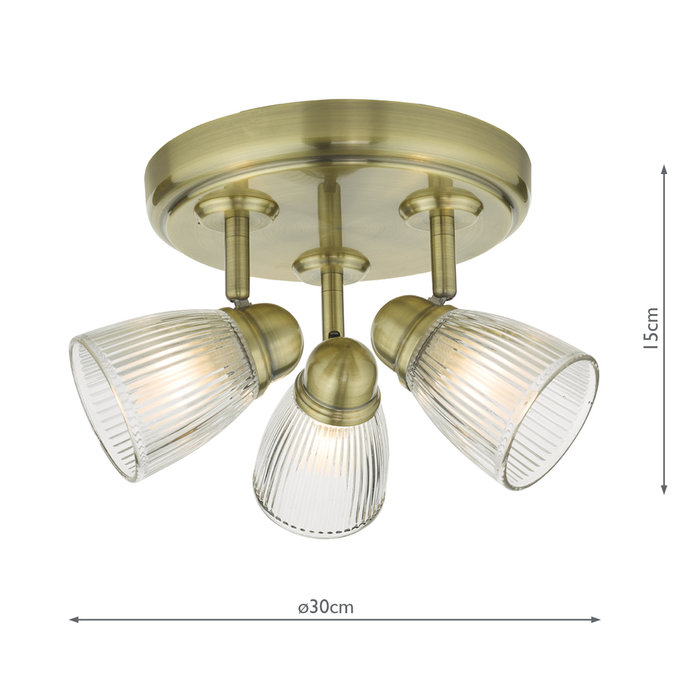 Ribbed Glass 3 Light Fitting - Antique Brass - IP44