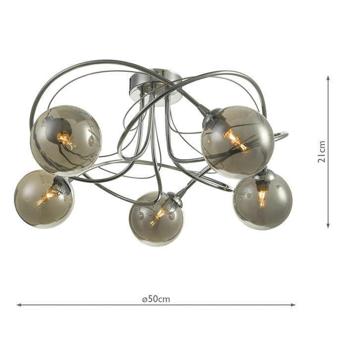 Ottawa -  5 Light Semi Flush Smoked Glass Fitting - Polished Chrome