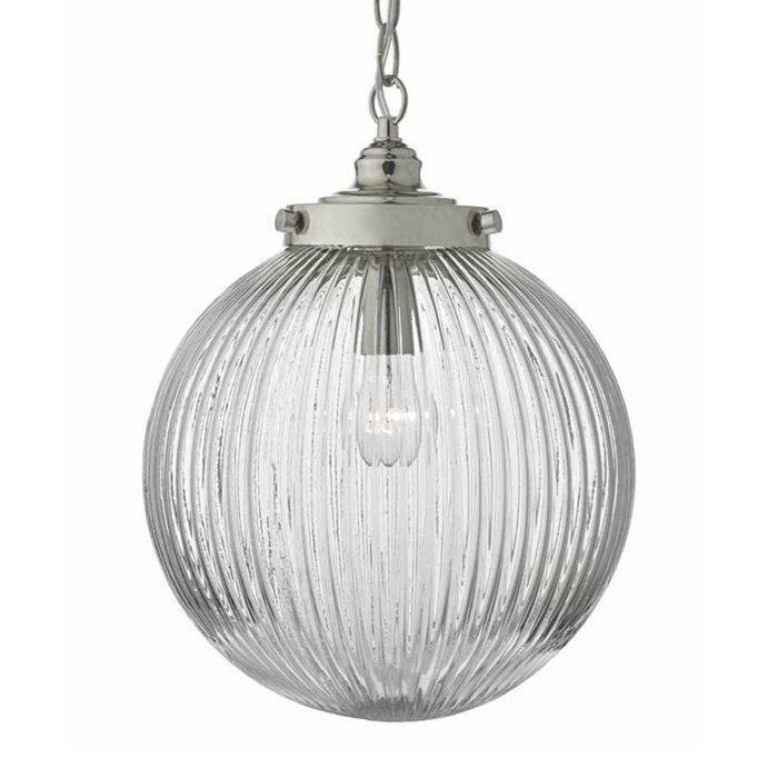 Zudo - Ribbed Glass Globe Ceiling Pendant - Satin Nickel