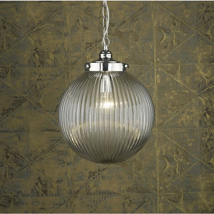 Zudo - Ribbed Glass Globe Ceiling Pendant - Satin Nickel