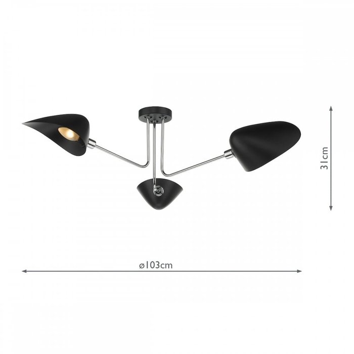 Crew - 50s Modernist Semi Flush Ceiling Light - Black & Chrome - 3 Light