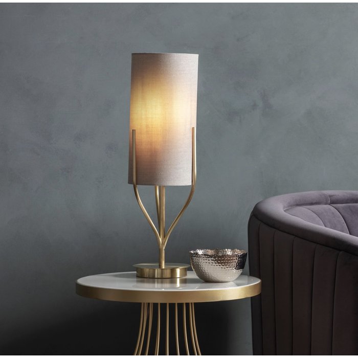 Olive - Organic Tree  Drum Table Lamp - Brushed Brass & Natural Fabric