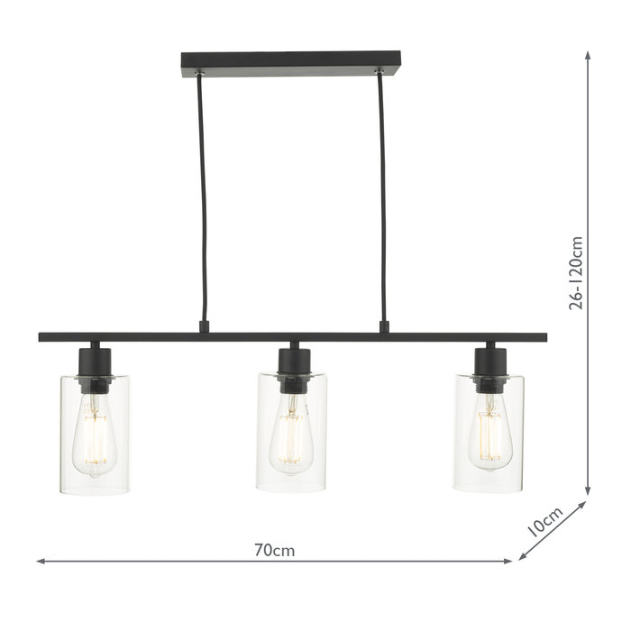 Seattle - Modern Industrial Glass & Matt Black 3 Light Bar Pendant