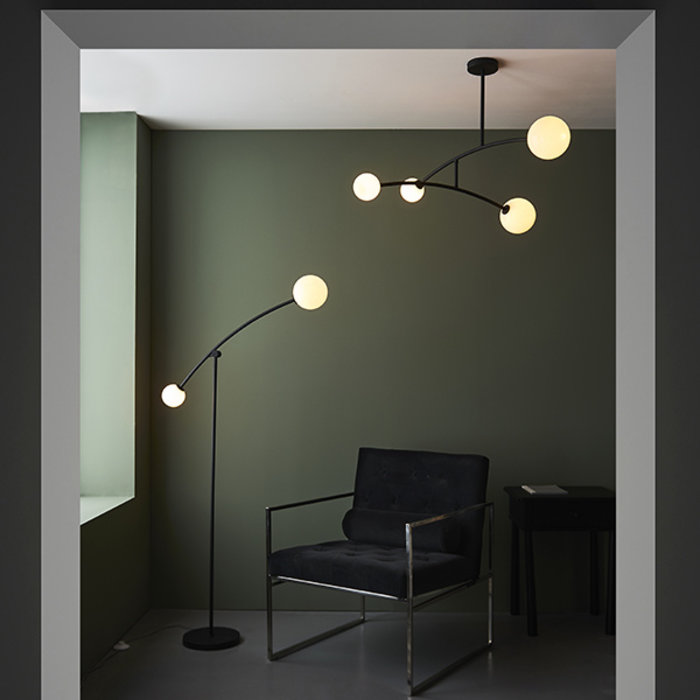 Howard - Modern Mid Century Black Floor Lamp with Opal Glass Shades