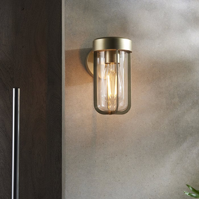 Ayton - Industrial Brushed Gold & Clear Glass Outdoor/Bathroom Wall Light