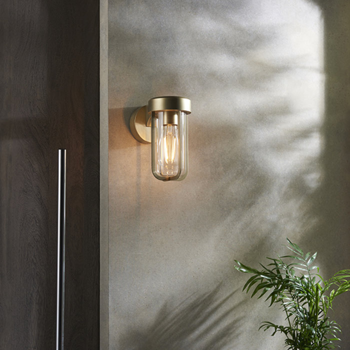 Ayton - Industrial Brushed Gold & Clear Glass Outdoor/Bathroom Wall Light