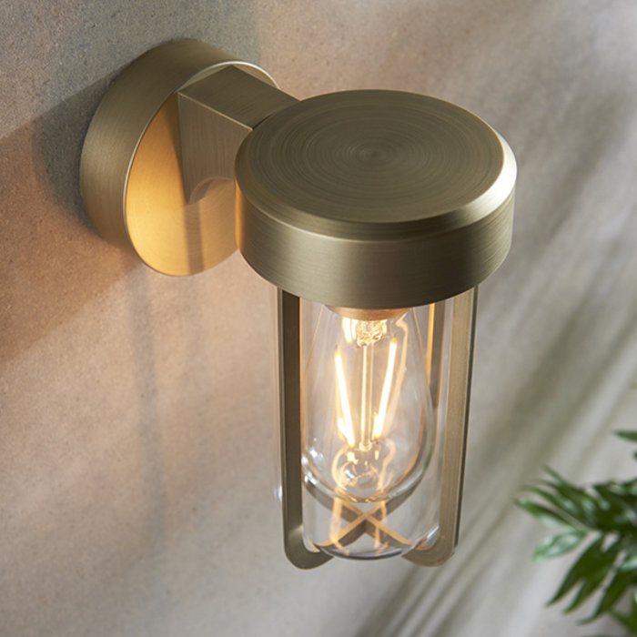 Ayton - Industrial Brushed Gold & Clear Glass Outdoor/Bathroom Wall Light