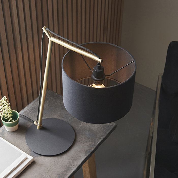 Robin - Modern Angular Arc Table Light with Black Shade - Matt Brass