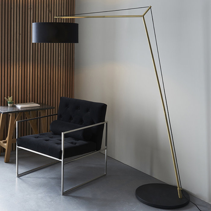 Robin - Large Modern Angular Arc Floor Light with Black Shade - Matt Brass