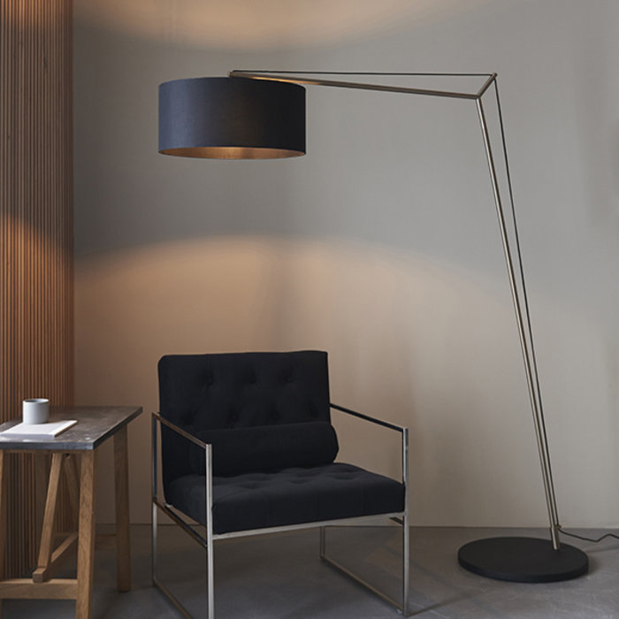 Robin - Modern Angular Arc Floor Light with Black Shade - Matt Nickel