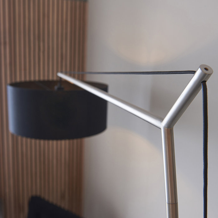 Robin - Modern Angular Arc Floor Light with Black Shade - Matt Nickel